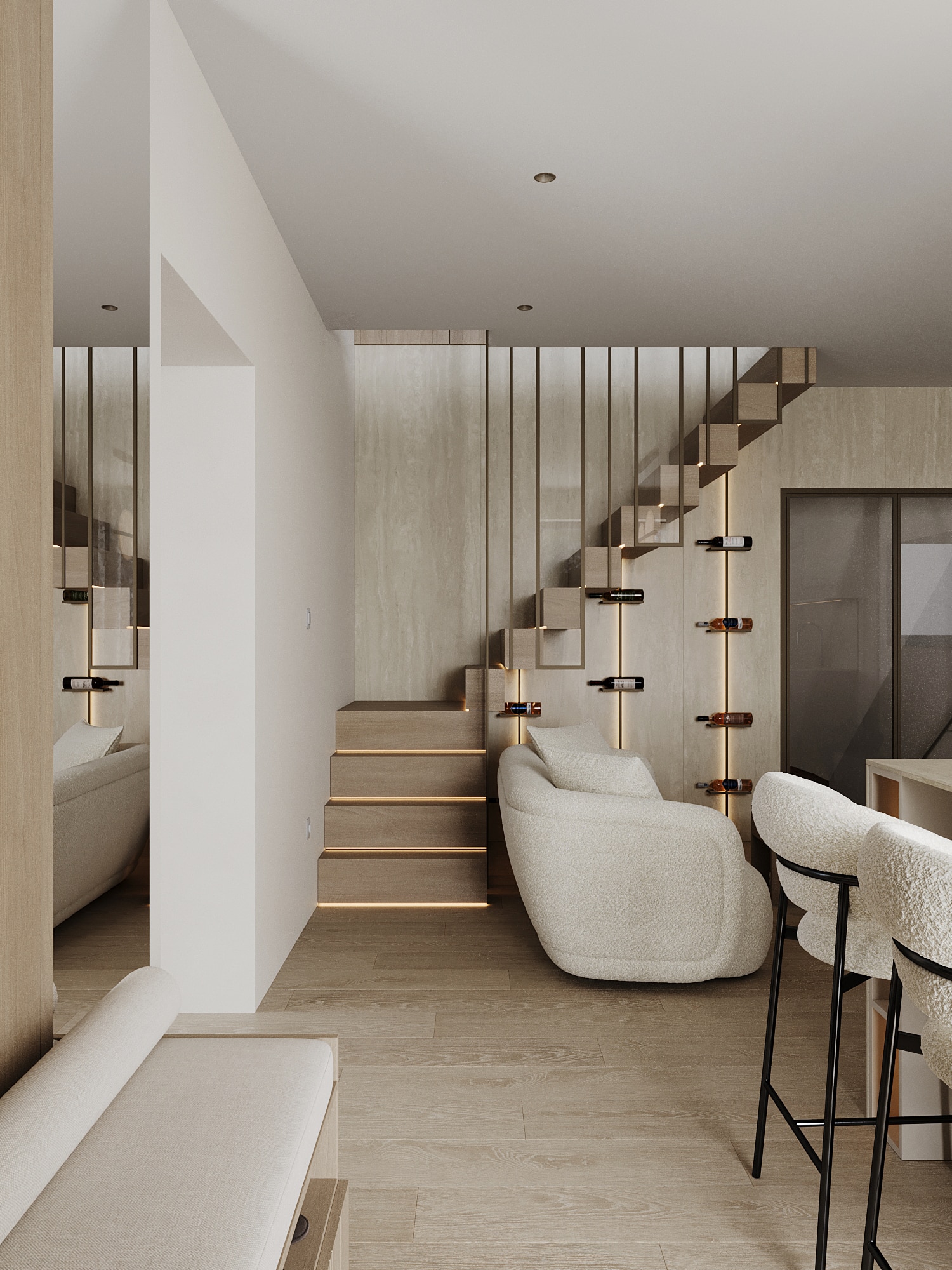 Kitchen and dining room in warm oak, with a lit corridor beyond