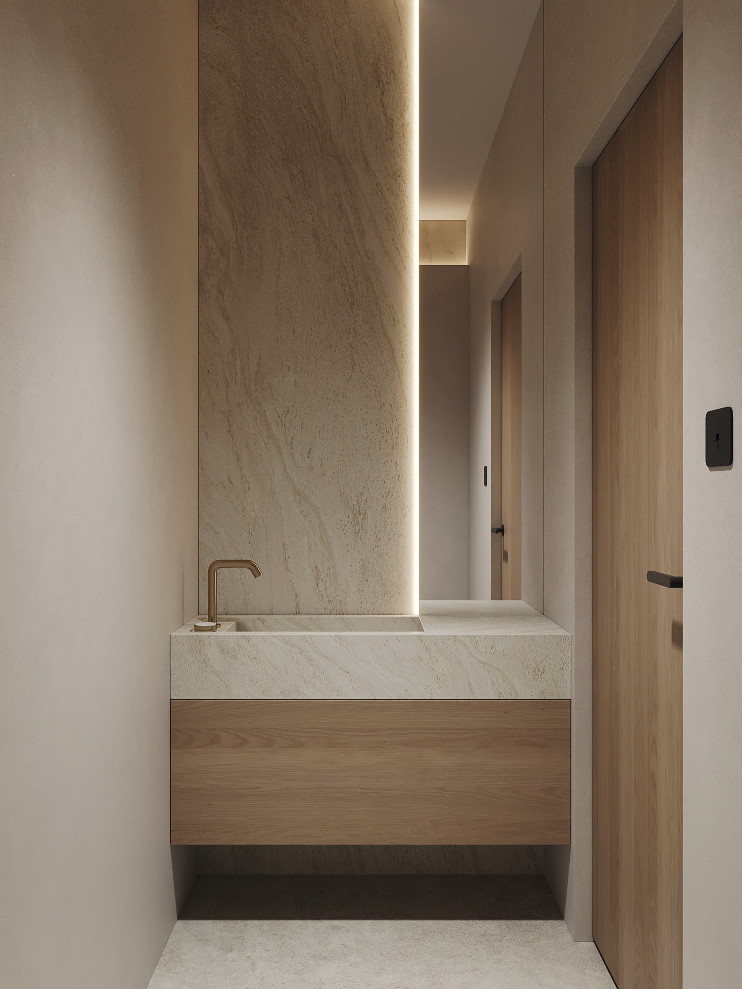 Symmetric washroom with a mirror niche and a strip of light