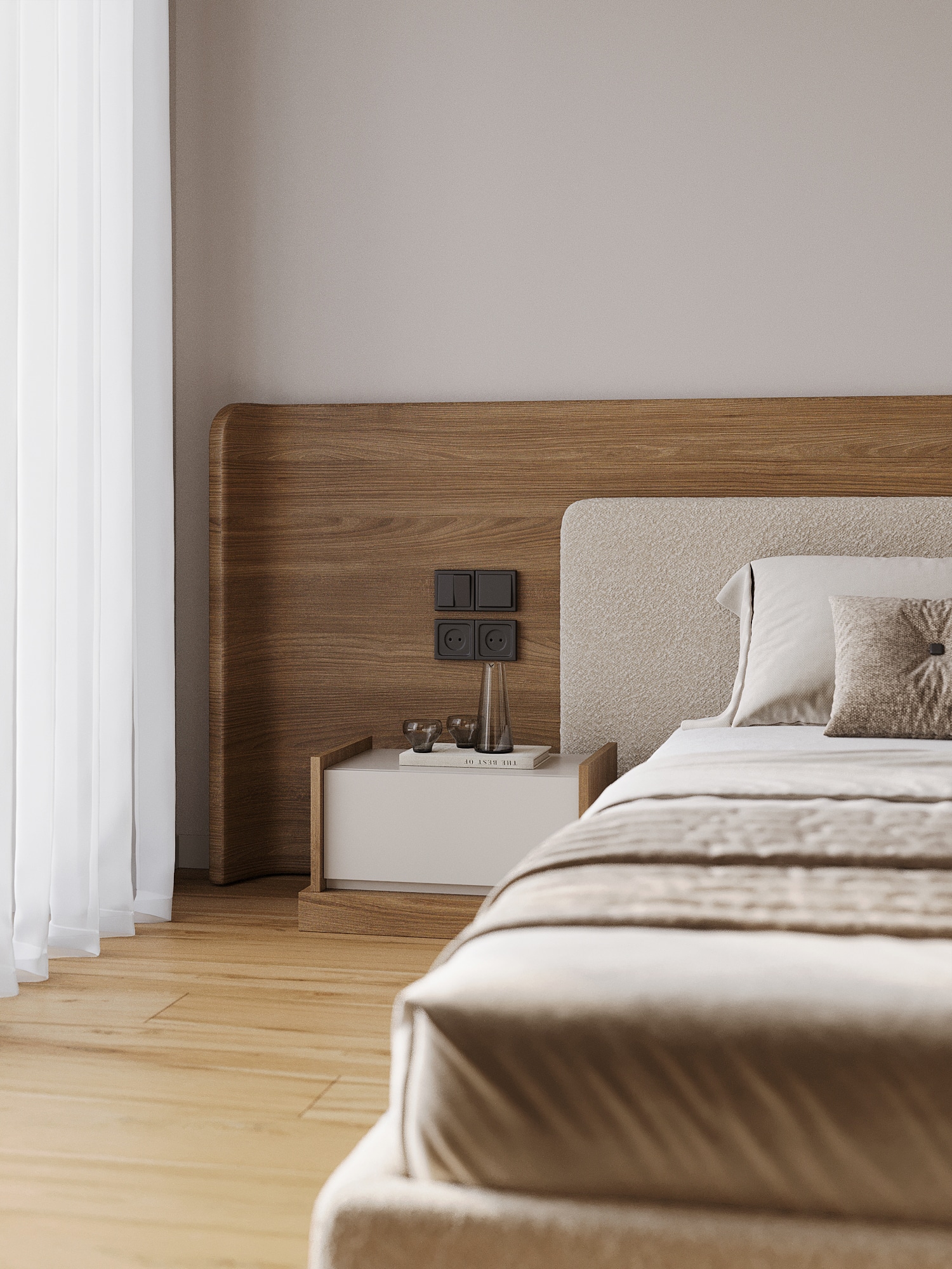 A bedroom with an oak headboard wall and soft linen