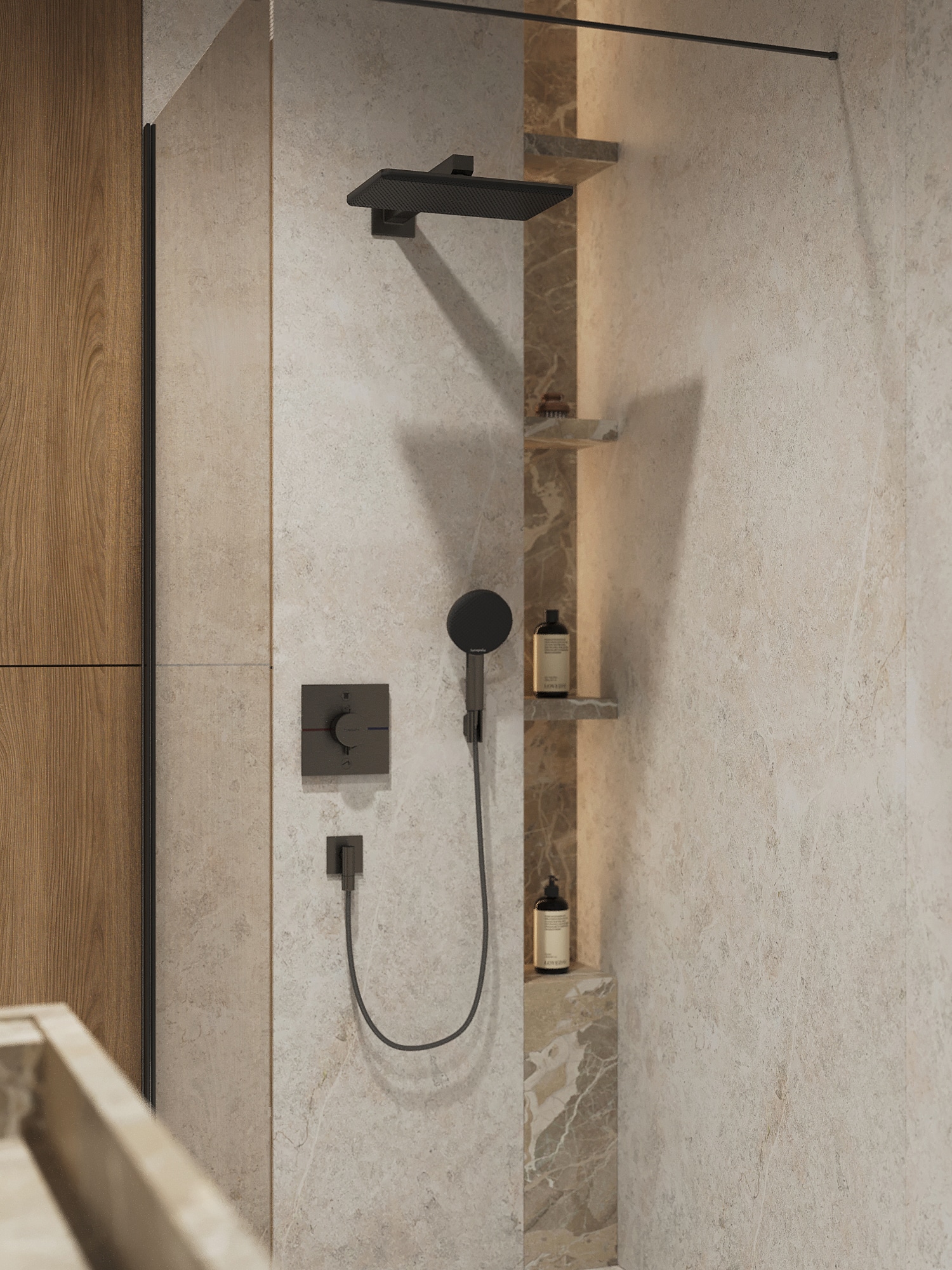 A marble walk-in shower with a built-in niche