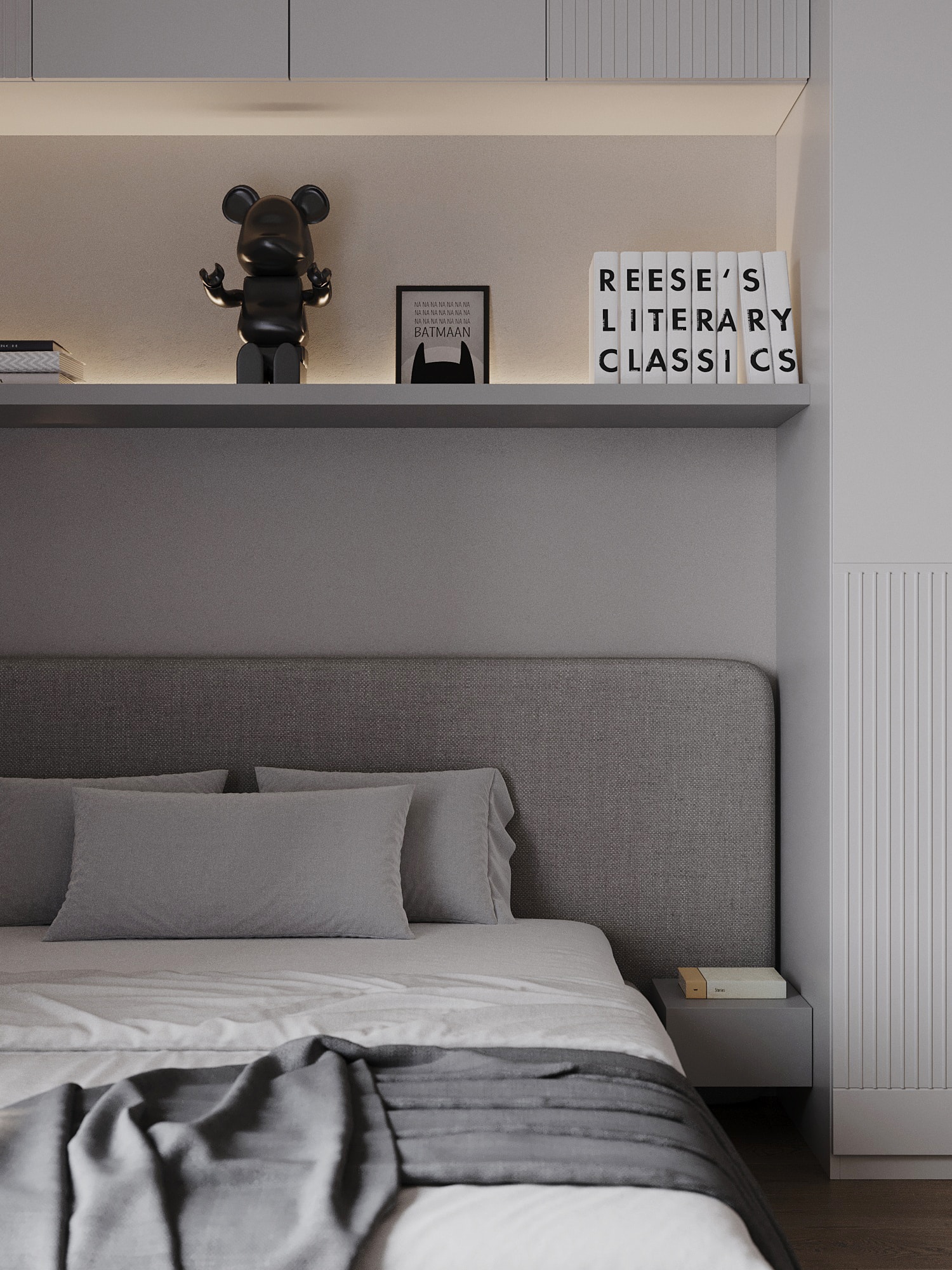 A child's bedroom with an upholstered bed and a display shelf