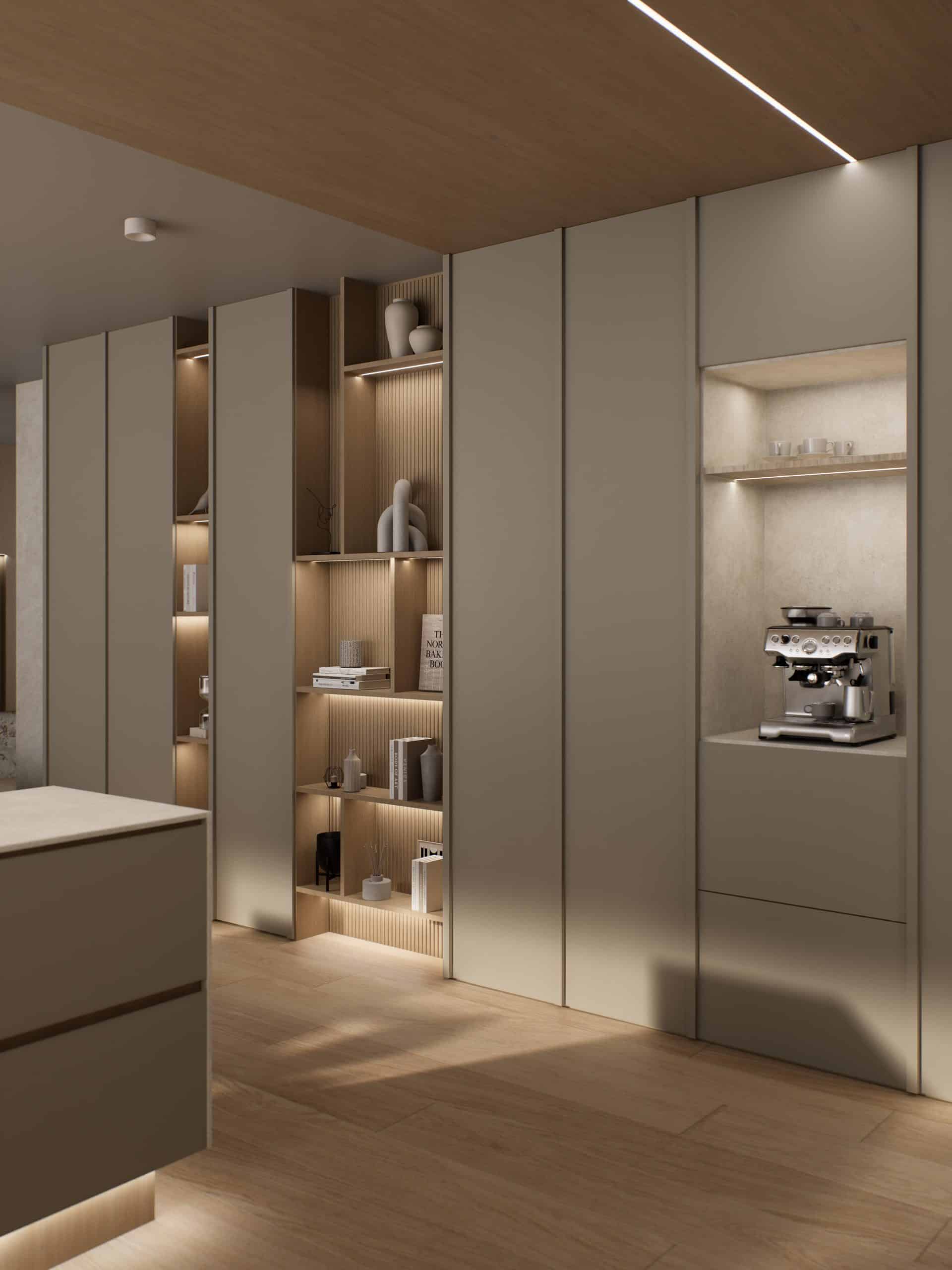 Tall kitchen cabinetry with lit oak shelving and a coffee niche