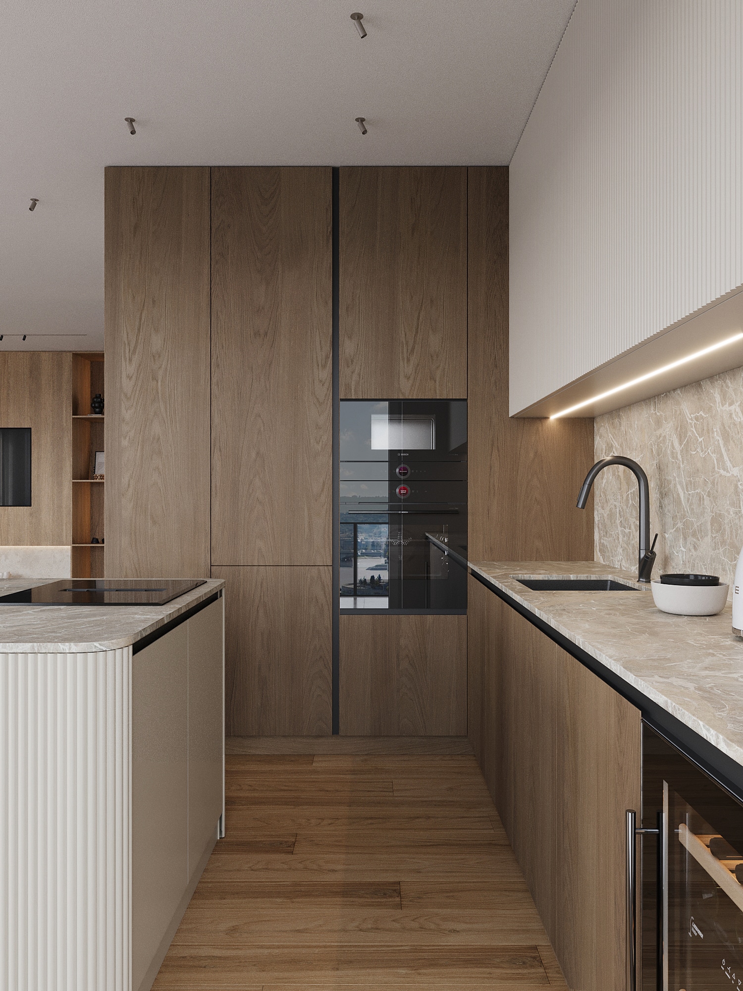 A galley kitchen in walnut with a stone backsplash