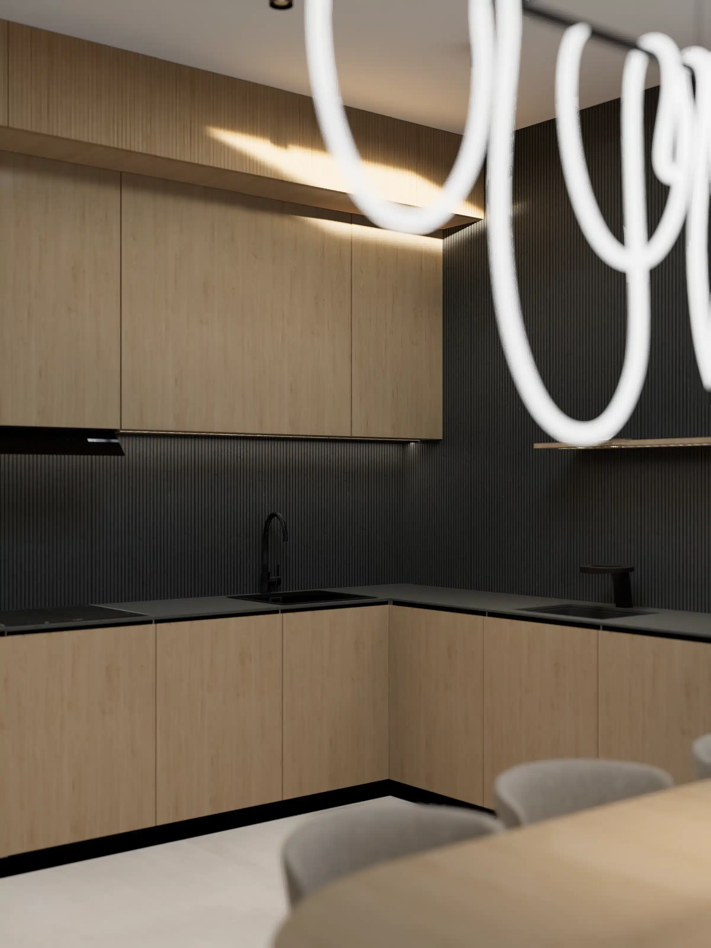 A reception with looping neon light and deep green ribbed walls