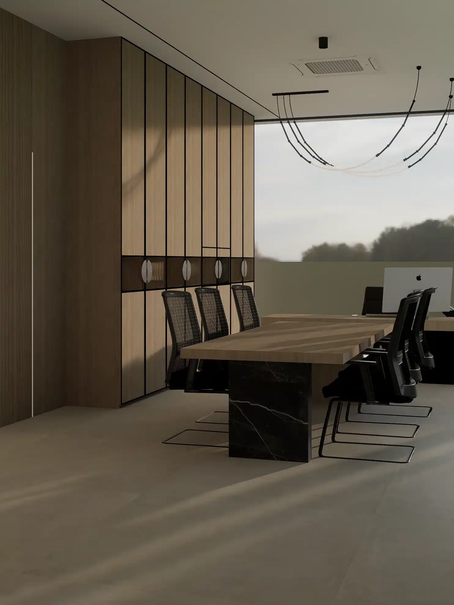 A boardroom with a moss-green acoustic wall and warm timber